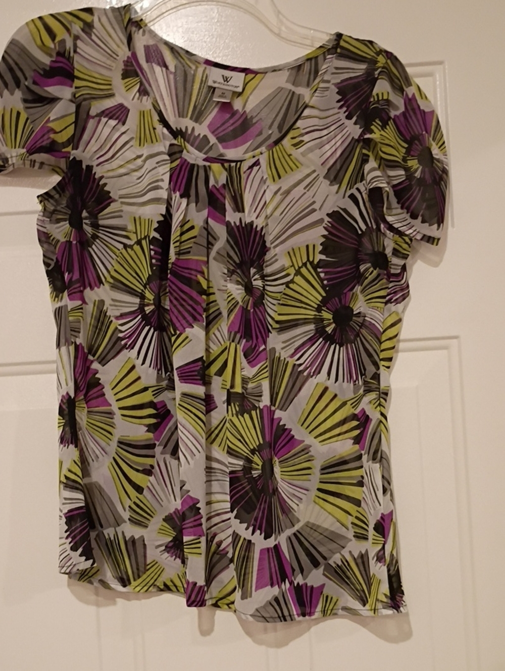Worthington Purple & Green Floral Burst Short Sleeve Blouse